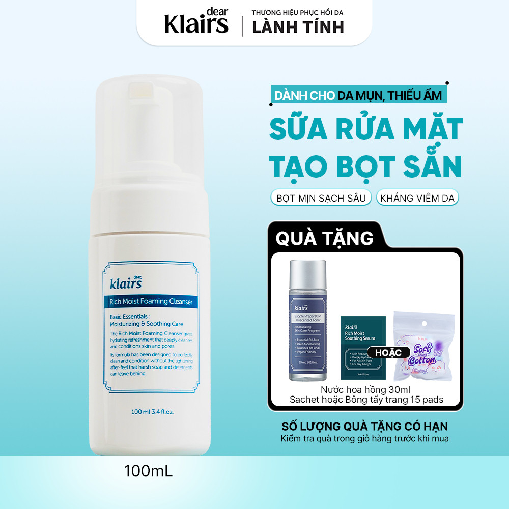 Sữa rửa mặt Dear, Klairs Rich Moist Foaming Cleanser duy trì độ ẩm cho làn da 100ml [FS]