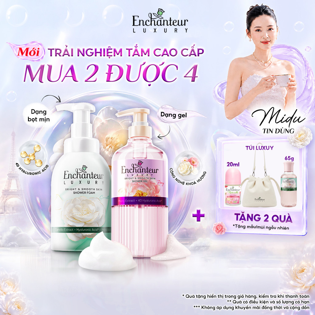 Trải Nghiệm COMBO Tắm Cao Cấp Enchanteur Luxury Dưỡng Da Sáng Mịn Chiết Xuất Hoa Trà/ Hoa Mẫu Đơn + 4D Hyaluronic Acid