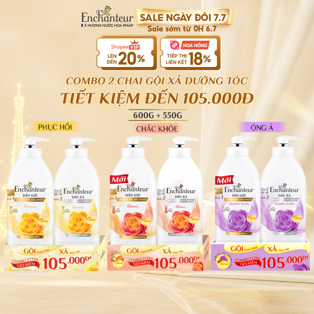 [GIÁ DÙNG THỬ] Combo Dầu gội Enchanteur dưỡng tóc mượt thơm lâu 600g và Dầu xả Phục Hồi Sức Sống 550g