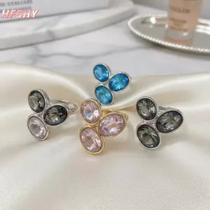 HFSHY Retro Pha Lê Kẻ Sọc Hình Bầu Dục Có Thể Điều Chỉnh Nhẫn Sang Trọng Tối Giản Hình Học Có Thể Điều Chỉnh Nhẫn Ngón Tay Trang Sức VN