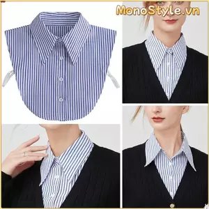 Cổ giả Monica Style, áo sơ mi nữ màu xanh sọc với phần cổ tháo rời