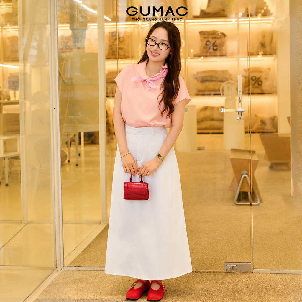 Chân Váy Kaki Midi GUMAC Form A Xoè Xẻ Trước Năng Động Dễ Phối Đồ YVG04093