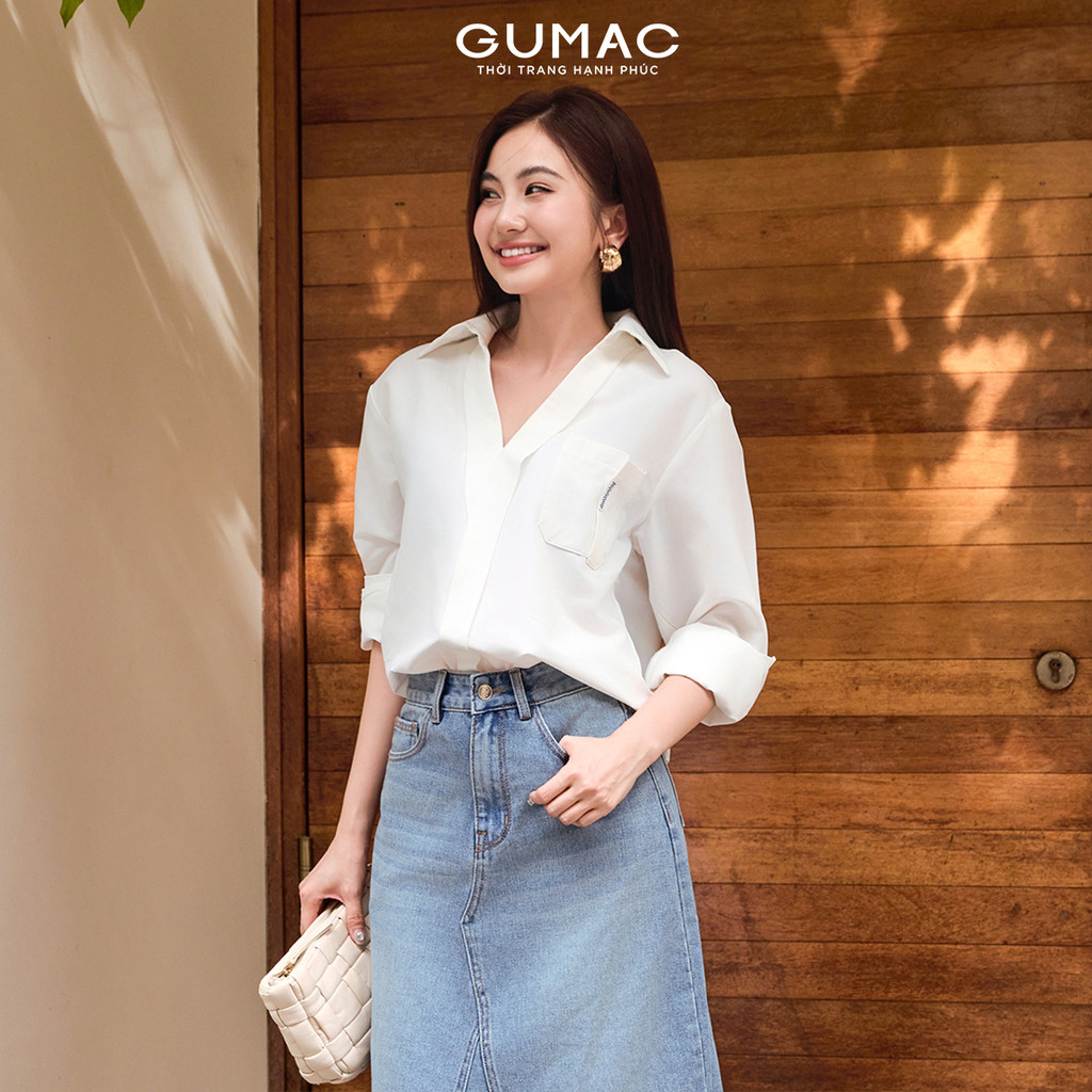 Áo Sơ Mi Nữ Tay Dài GUMAC - GMORNING Form Suông Cổ Tim Xẻ V Có Túi Phía Trước YAF12091