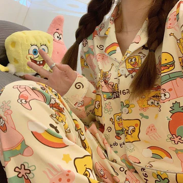 Bộ đồ ngủ hai mảnh Bộ đồ ngủ dài tay dành cho nữ Bộ đồ ngủ Cardigan dáng rộng Bộ đồ ngủ hoạt hình SpongeBob Bộ đồ ngủ dài tay dễ thương dành cho nữ với thiết kế SpongeBob hoạt hình, ngôi nhà dễ thương