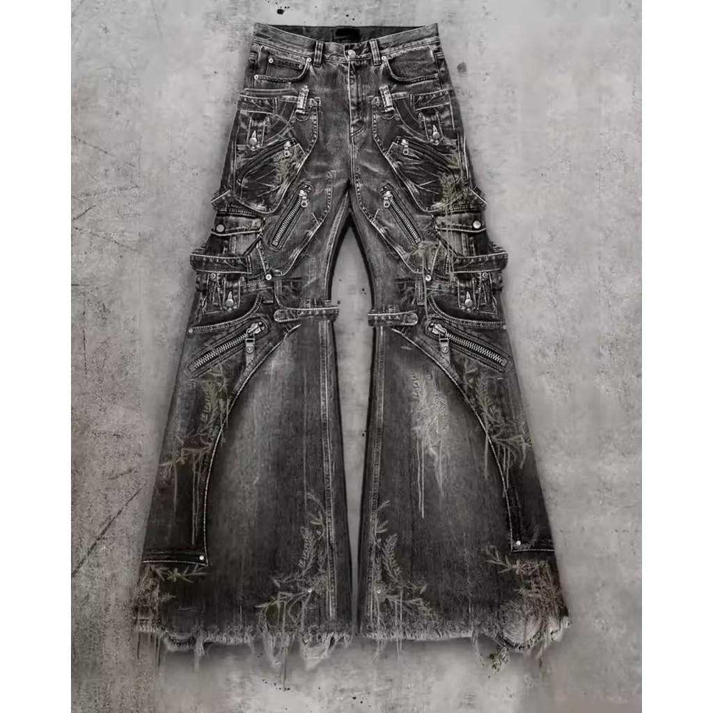Y2k Slanted Runway Baggy Jeans Retro Kẻ Sọc Chắp Vá Nam Nữ Ống 