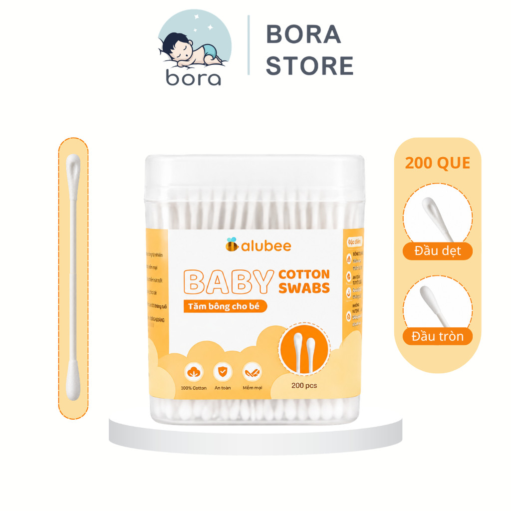 Tăm bông cho bé Alubee 200 que làm từ bông tự nhiên, mềm mại an toàn không gây tổn thương da bé