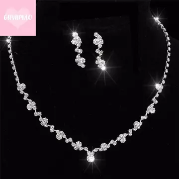 [guyumao] Bộ Bông Tai Pha Lê Phù Dâu Bạc Trang Sức Cưới Cô Dâu Trang Sức Trang Sức