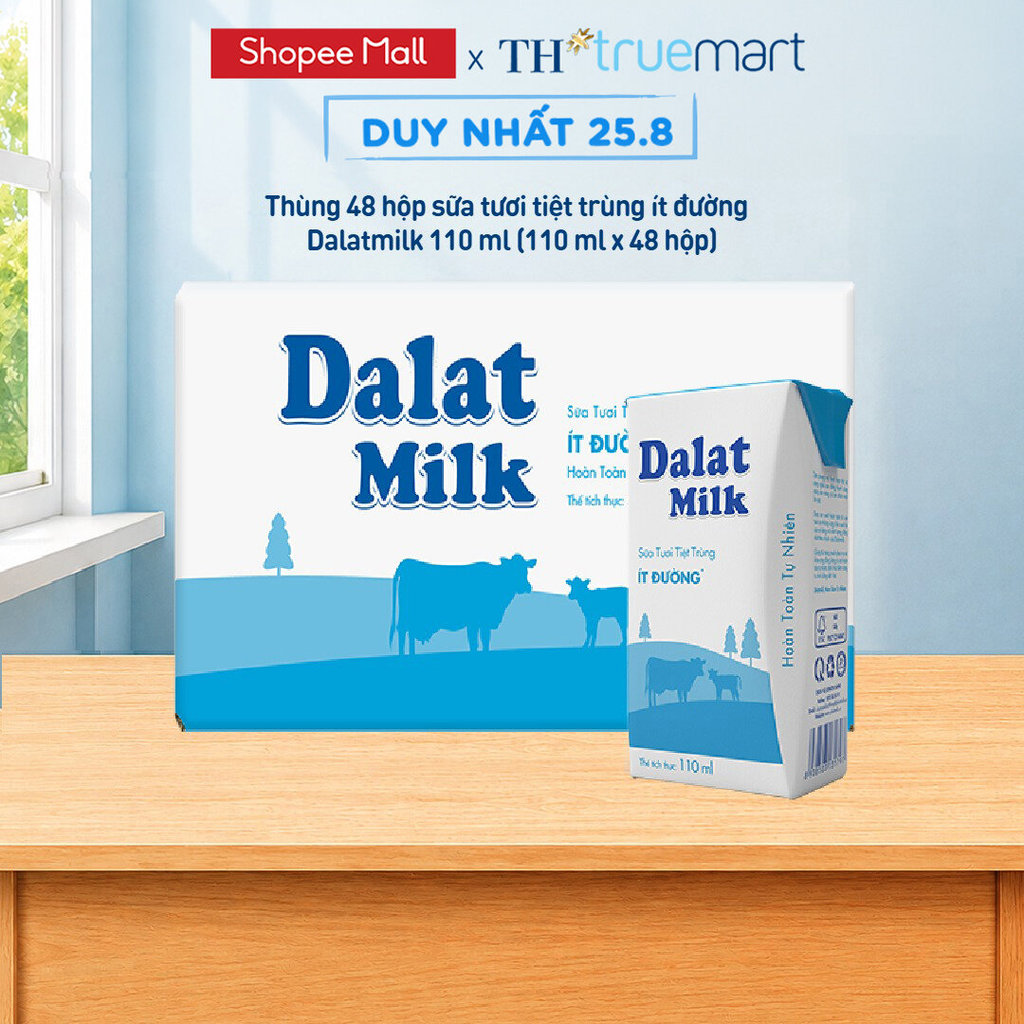 [LIVE STREAM] Thùng 48 hộp sữa tươi tiệt trùng Dalatmilk ít đường 110 ml (110 ml x 48)
