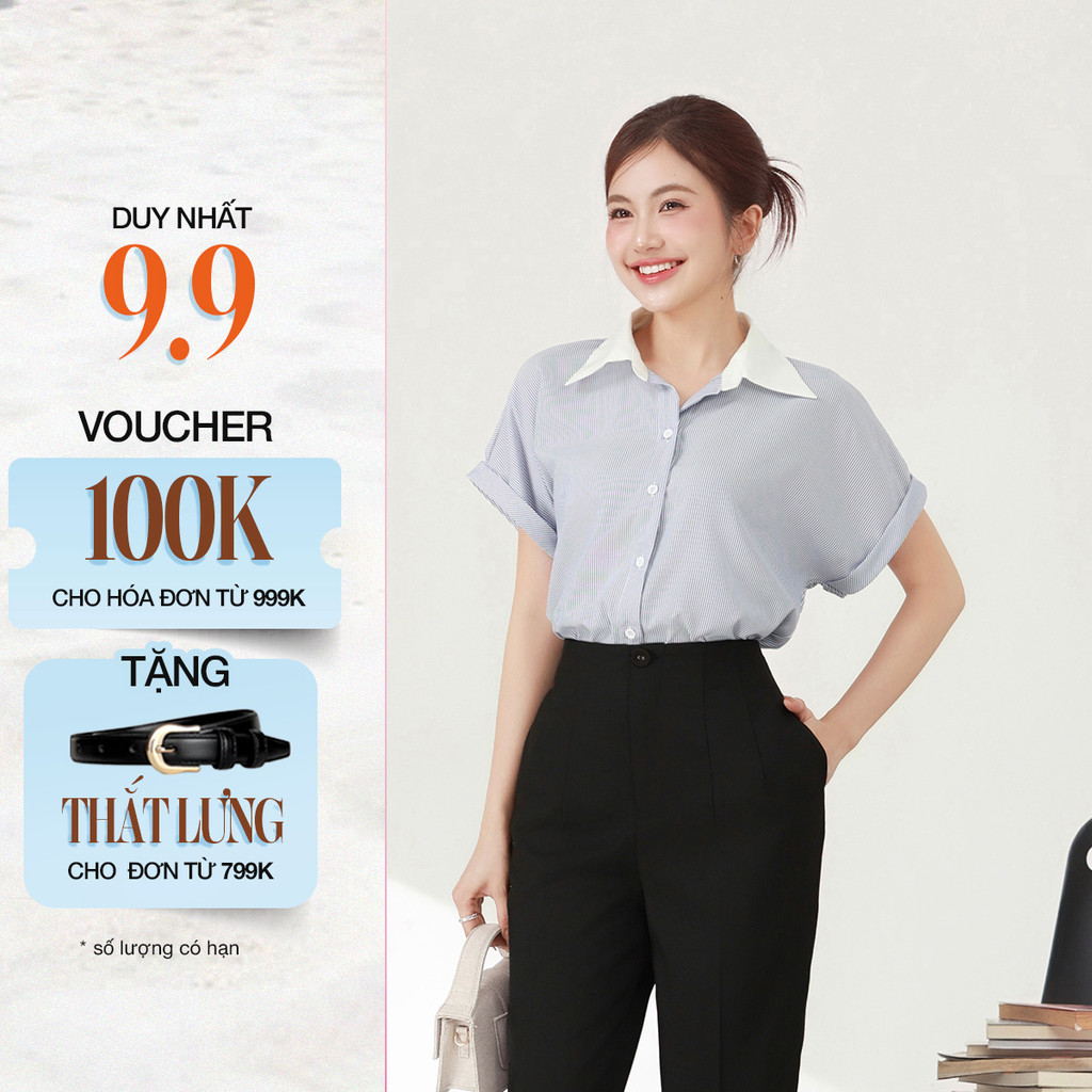 Áo Sơ Mi Nữ GUMAC Áo Kiểu Công Sở Kẻ Sọc Xanh Tay Ngắn Chất Cotton Thiết Kế Phối Cổ Trẻ Trung LAF0322