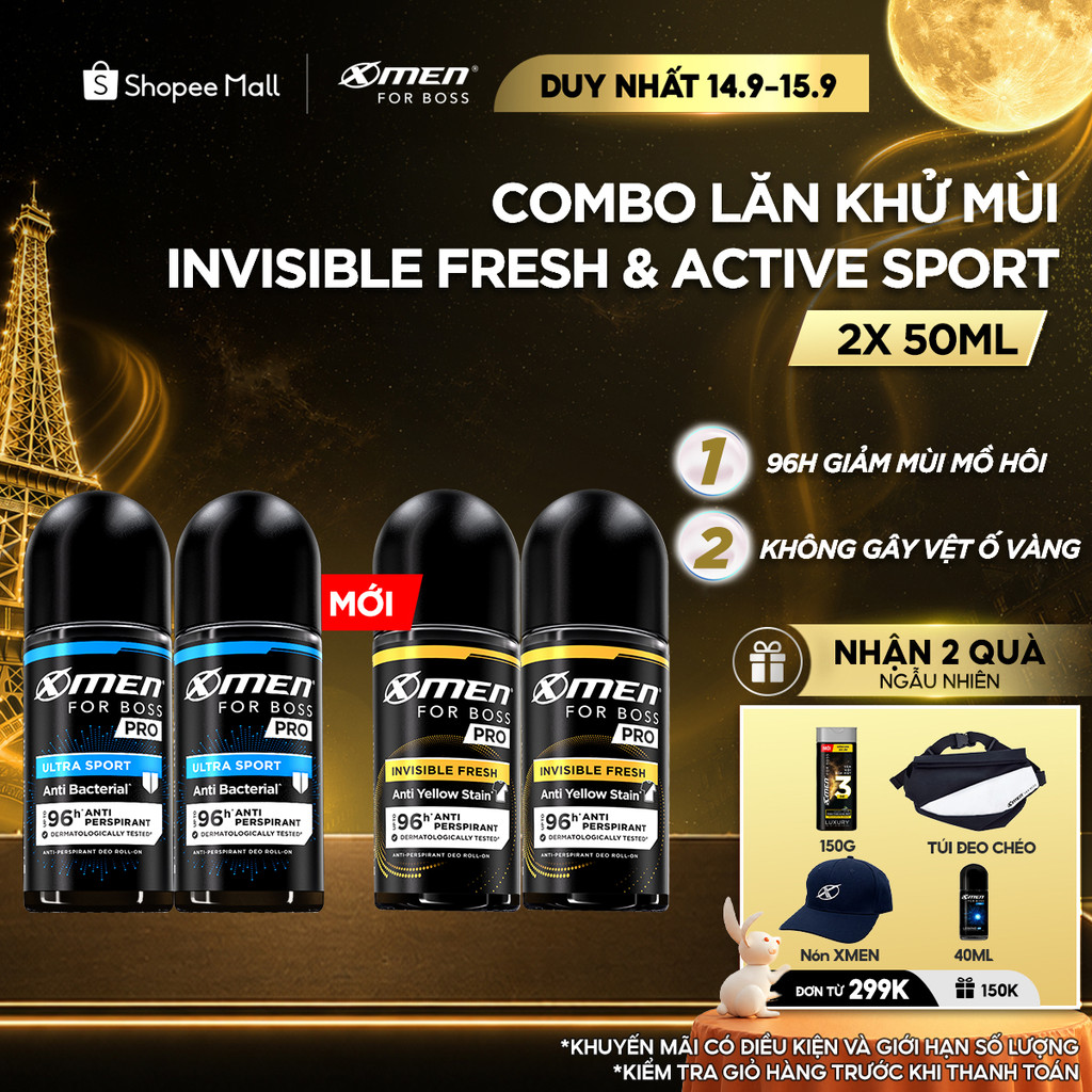 [MỚI] Combo 2 Lăn Khử Mùi Xmen for Boss PRO 50ml/chai Invisible Fresh & Ultra Sport, 96H Giảm Mùi Mồ Hôi & Vệt Ố Vàng