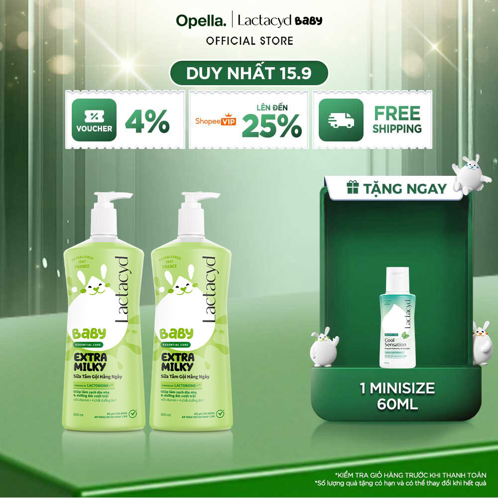 Bộ 2 Chai Sữa Tắm Gội Trẻ Em Lactacyd Baby Extra Milky Làm Sạch Dịu Nhẹ và Dưỡng Ẩm Vượt Trội Size Jumbo 800ml