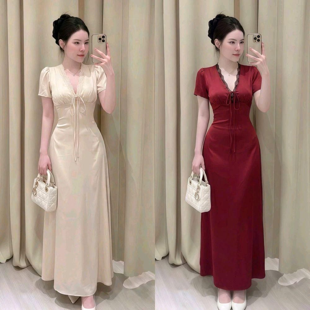 Đầm nữ dự tiệc cổ V viền ren phom dài đẹp lụa