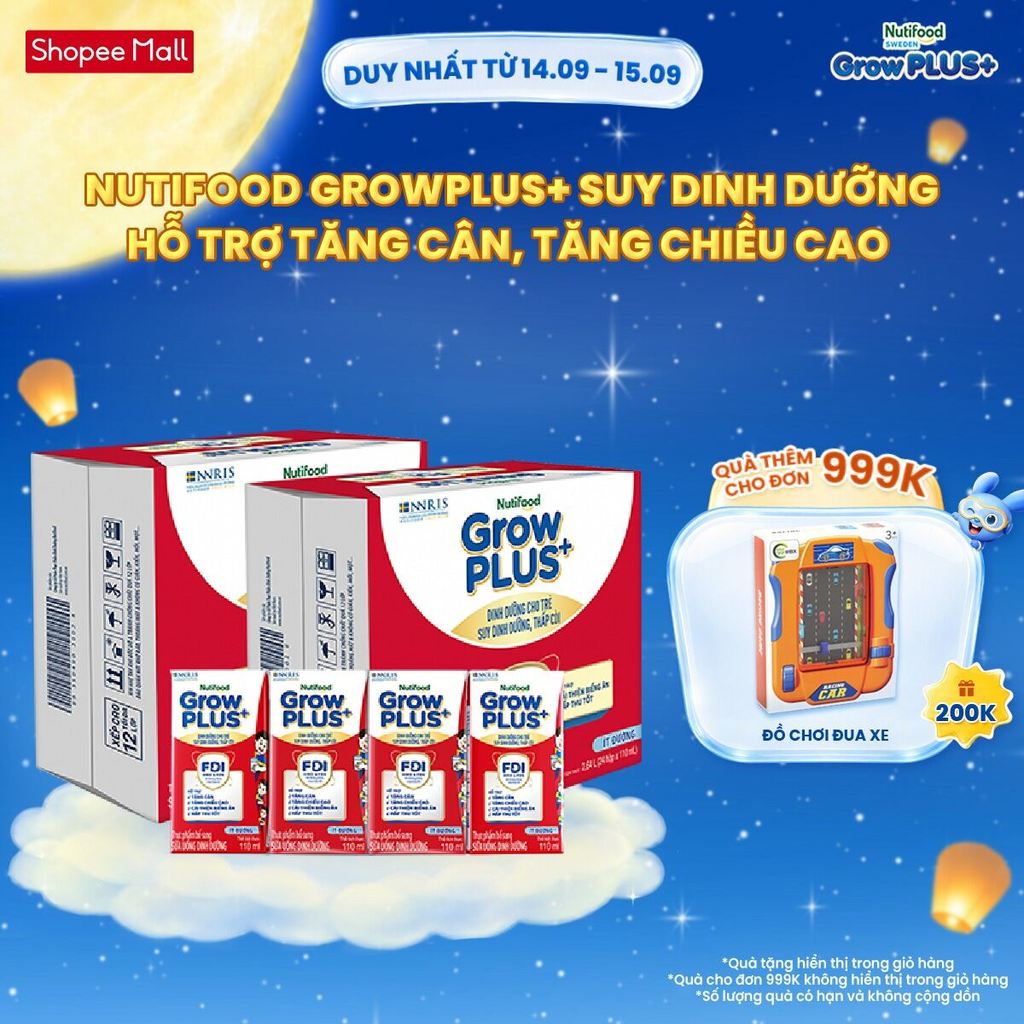 Thùng SBPS Nutifood GrowPLUS+ ít đường Suy Dinh Dưỡng - Trên 1 Tuổi -  (48 Hộp x 110ml) (Bao bì tùy lô hàng)