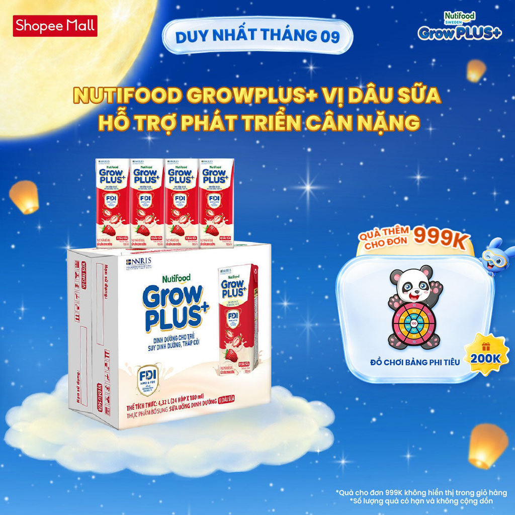 Thùng 24 hộp Sữa bột pha sẵn Nutifood GrowPLUS+ Vị Dâu Sữa hộp 180ml - Trên 1 tuổi (24 hộp x 180ml)