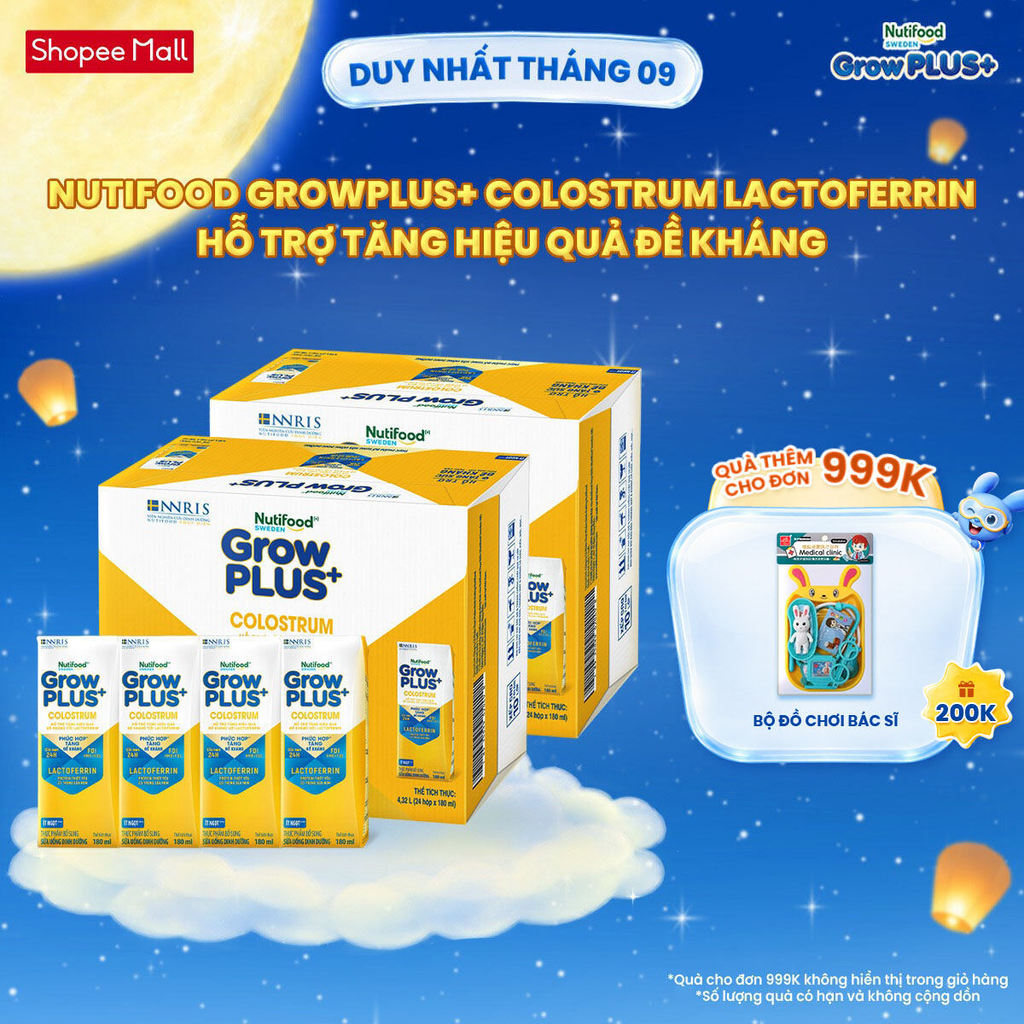 Combo 2 Thùng 24 hộp Sữa bột pha sẵn Nutifood Sweden GrowPLUS+ Colostrum Lactoferrin 180ml