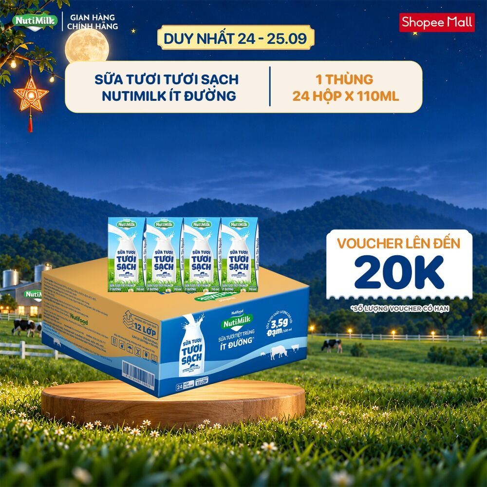 Thùng 24 Hộp Sữa Tươi Tươi Sạch NutiMilk Ít Đường Hộp 110ml