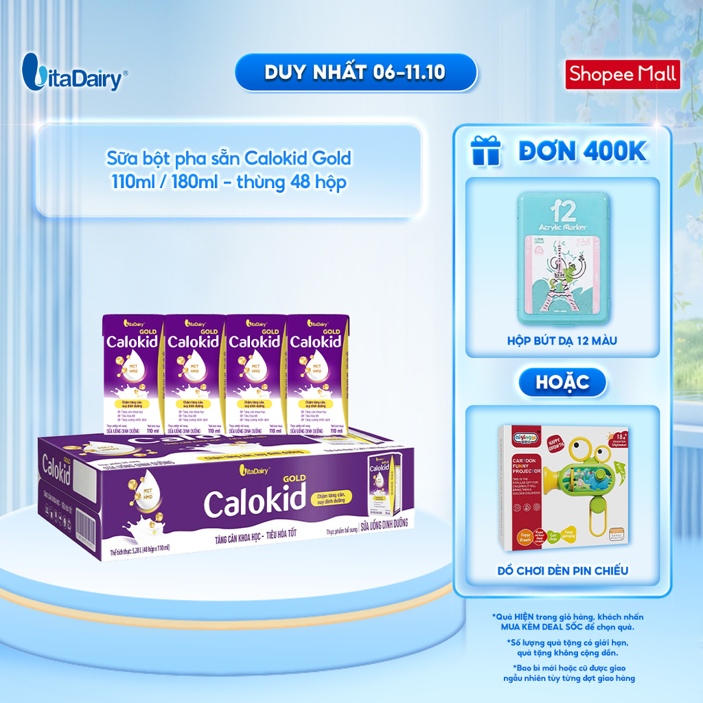 [THÙNG 48 HỘP] Sữa uống dinh dưỡng Calokid Gold 110ml/180ml - Thơm ngon dễ uống, Bé thích mê