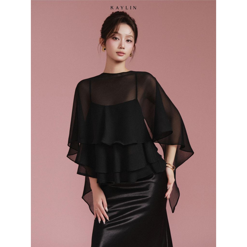 Áo kiểu KAYLIN phối Tơ bèo tầng kèm choàng cổ chất vải tơ xượt mỏng mềm phong cách thanh lịch BST ROSÉ NOIR - A243