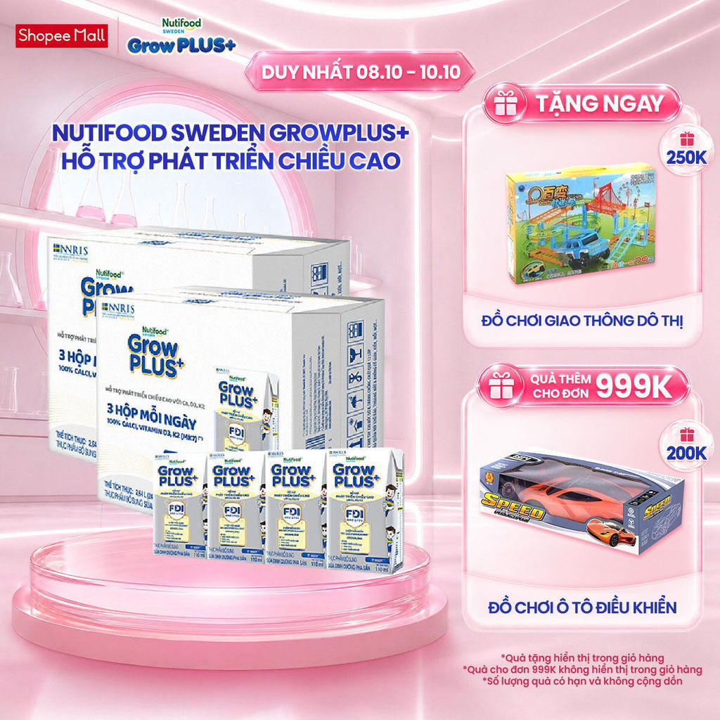 Combo 2 Thùng 24 Hộp Sữa Bột Pha Sẵn Nutifood Sweden GrowPLUS+ Cao lớn vượt trội hộp 110 ml