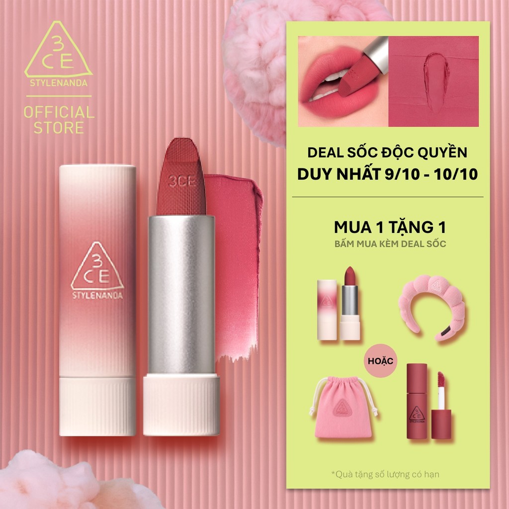Son Thỏi 3CE Cashmere Hug Mềm Mịn Như Len, Bền Màu Lâu Trôi, Nhẹ Trên Môi, Không Bết Dính