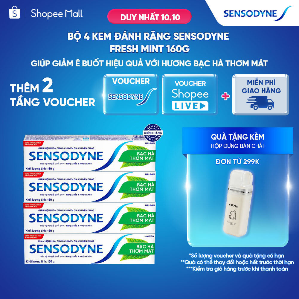 Bộ 4 Kem đánh răng SENSODYNE Fresh Mint 160g giúp giảm ê buốt hiệu quả với hương bạc hà thơm mát