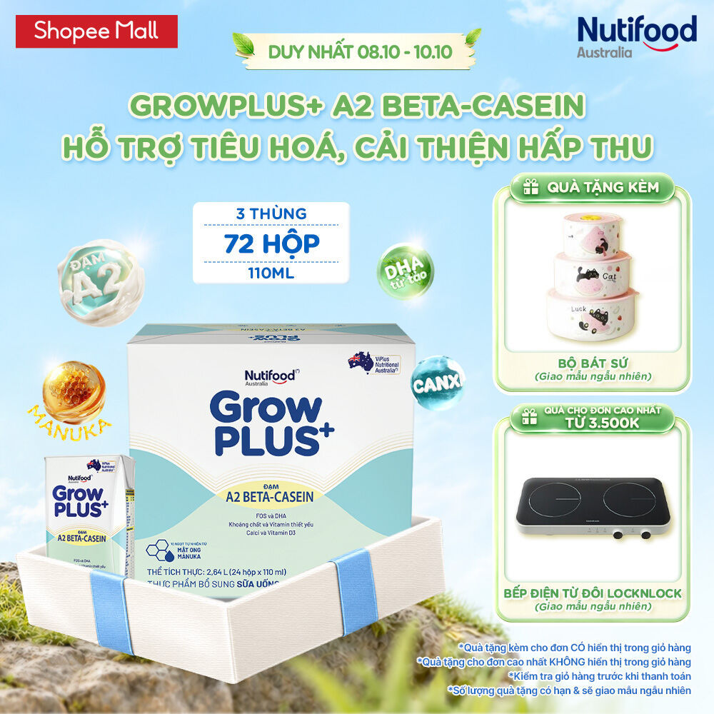 Combo 3 x Thùng 24 hộp Sữa bột pha sẵn GrowPLUS+ Đạm A2 Beta-Casein Hộp 110ml hỗ trợ tiêu hóa, hấp thu dưỡng chất