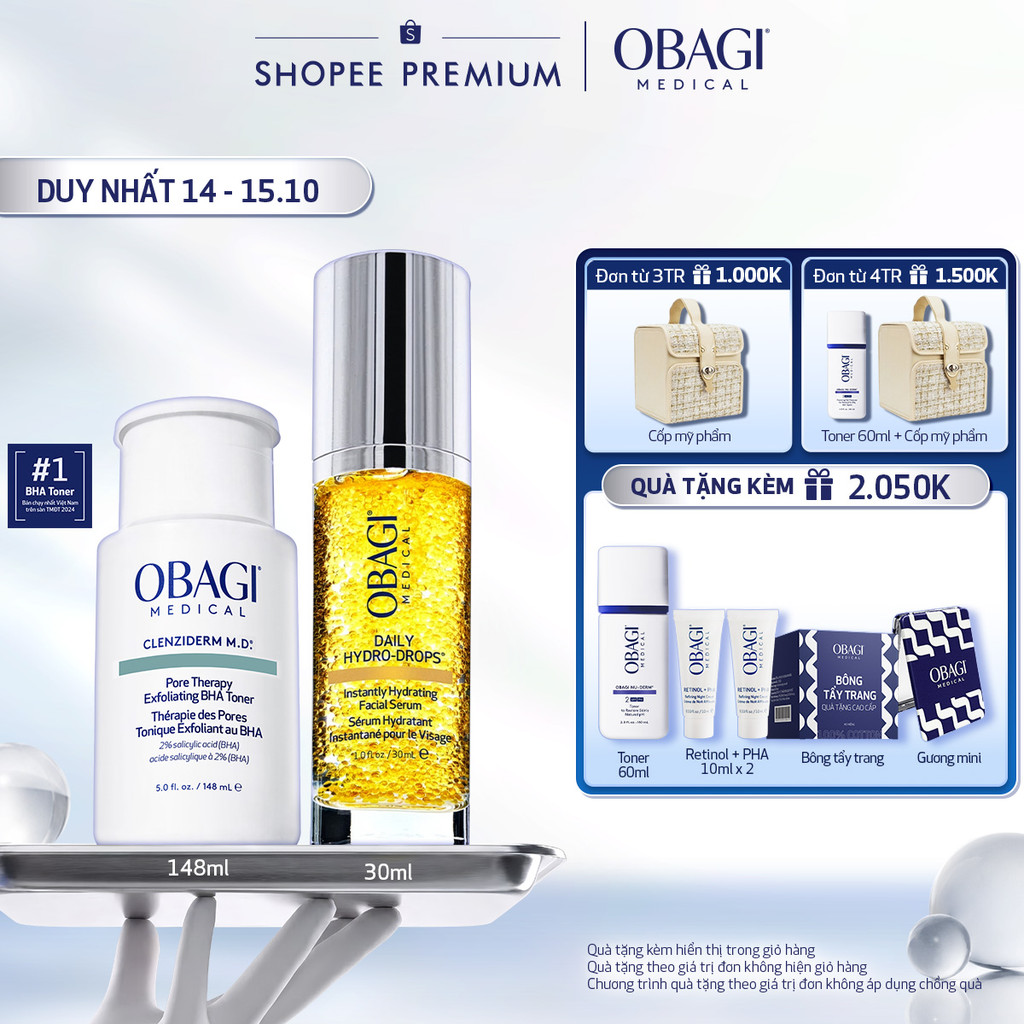 Bộ đôi Toner BHA Obagi Medical Clenziderm M.D 148ml & Serum Vitamin B3 Cấp Nước Dưỡng Ẩm Phục Hồi Da Daily Hydro-Drops