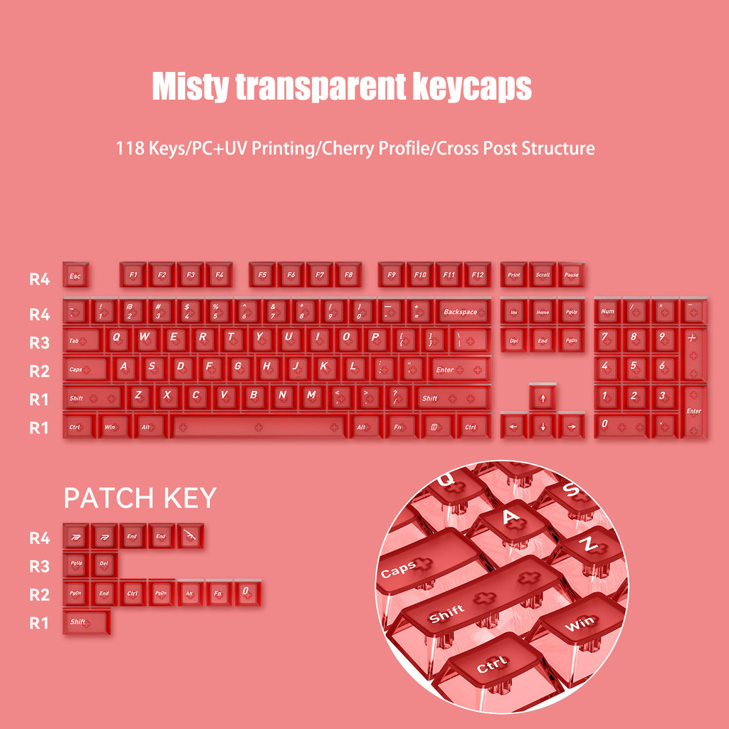 118 Phím Custom Red Clear Keycaps Bề mặt mờ viền trong suốt Cherry ...