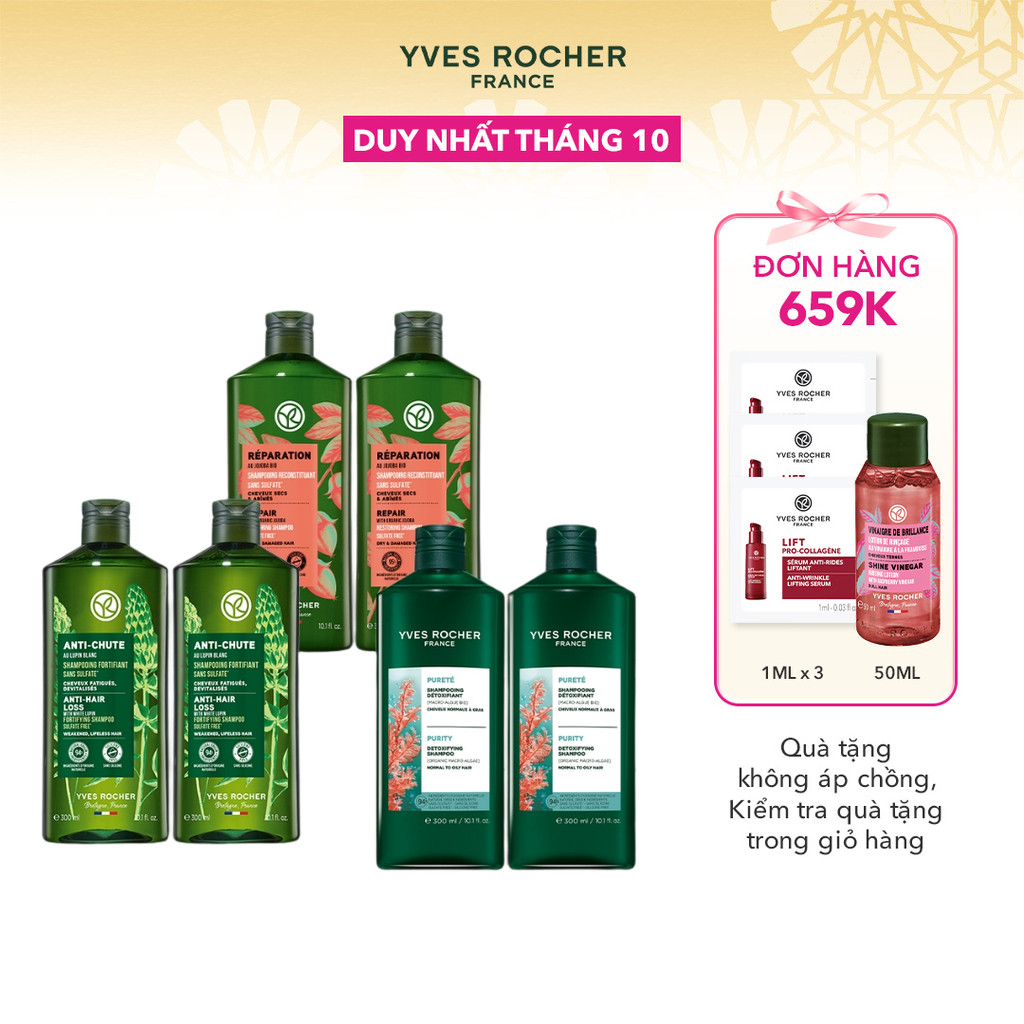 Combo 2 dầu gội thiên nhiên không Sulfate không Silicone Yves Rocher 300mlx2 (nhiều phân loại)