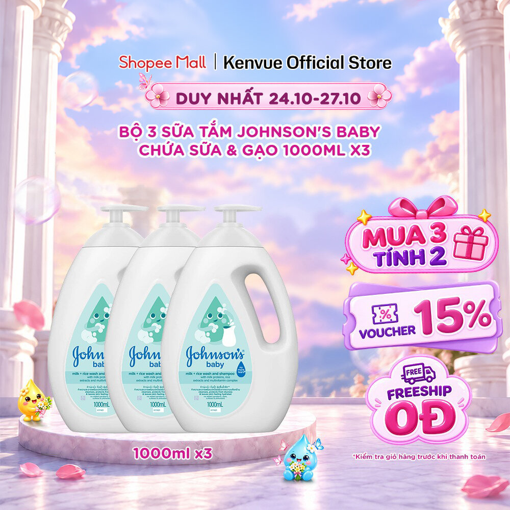 [MUA 3 TÍNH TIỀN 2] Combo 3 Sữa tắm Johnson's Baby Chứa Sữa & Gạo/Sữa Gạo & Yến Mạch/Sữa & Yến Mạch 1000ml/chai