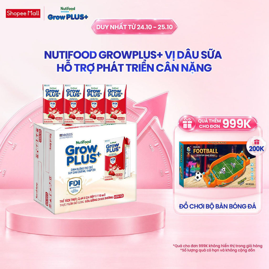 Thùng 24 hộp Sữa bột pha sẵn Nutifood GrowPLUS+ Vị Dâu hộp 110ml - Trên 1 tuổi (24 hộp x 110ml)