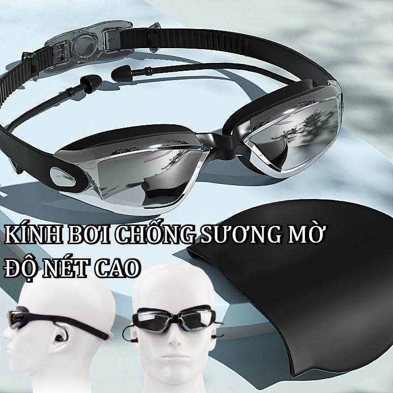 Combo kính bơi tráng gương chống Hấp,mũ bơi, nút bịt tai, kẹp mũi chống sặc nước cho nam, nữ