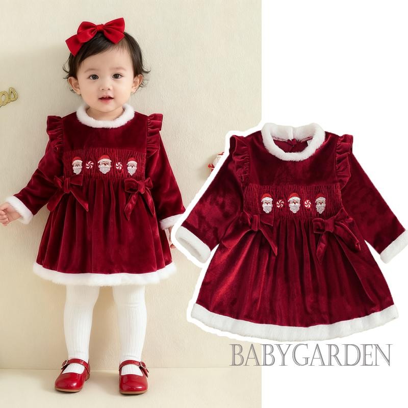 6M-4Y Bé Gái Váy Giáng Sinh Lông Viền Ông Già Noel Thêu Cổ Tròn Dài Tay Một Dòng Đầm Nhung