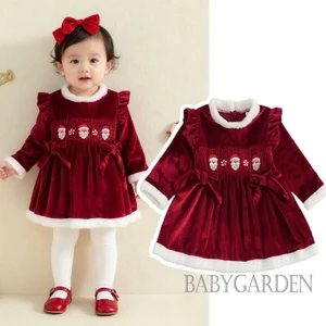 6M-4Y Bé Gái Váy Giáng Sinh Lông Viền Ông Già Noel Thêu Cổ Tròn Dài Tay Một Dòng Đầm Nhung