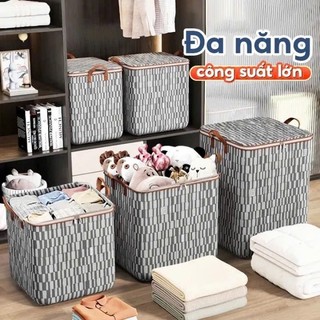 [Mẫu mới 2024] Hộp vải kẻ sọc đựng chăn mền, quần áo, có khóa kéo - dung tích 100L