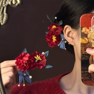 MAUROPOLI [Hàng có sẵn] {Trang điểm màu đỏ Yingyan} Phong cách Trung Quốc mới Phong cách dân tộc Cô dâu Đầu cưới Kẹp tóc Trang trí Kẹp tóc hoa đỏ Phụ kiện tóc đính hôn cho nữ