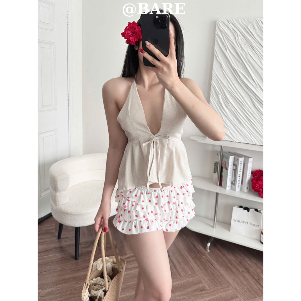 Áo Yếm Linen Hai Dây Hở Lưng Buộc Nơ – Áo Kiểu Croptop Sexy Đi Biển_A511