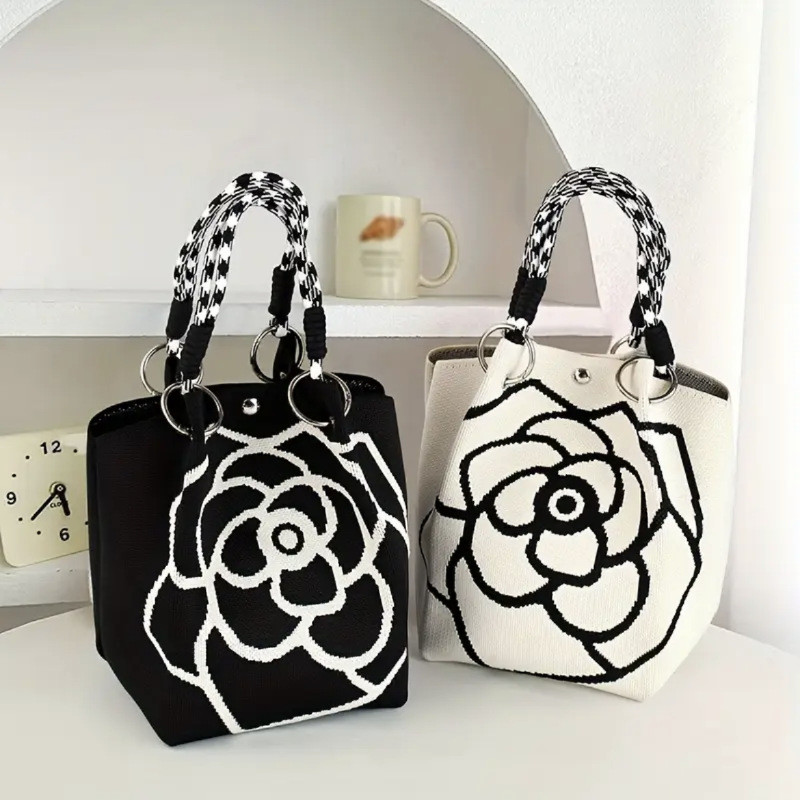 (Có hàng) Túi Tote dệt kim Camellia mới Dualswish Phong cách Nhật Bản Hàn Quốc Túi xô dung tích lớn Túi xách đi lại đa năng thông thường