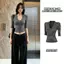 Áo thun nữ cổ chữ V sọc đen màu xám đen dành cho nữ mùa hè Phong cách mới Slim-fit Slimmer Look Nar