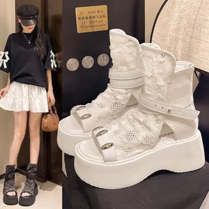 Denim Ripped Dép Thoáng Khí Nữ Đinh Tán Đế Dày Nền Tảng Mở Mũi Lưới Martin Giày Sandal