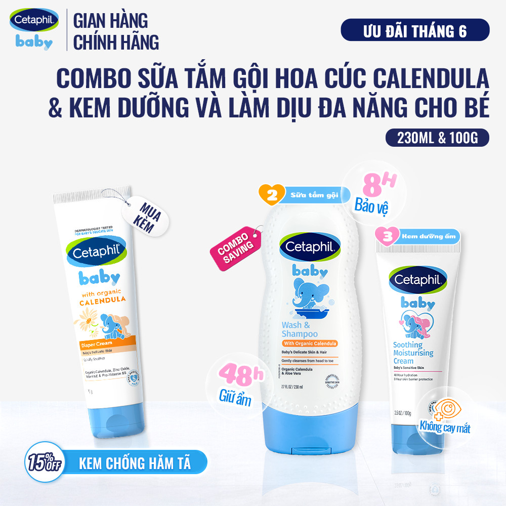 Combo 2 bước Sữa tắm gội với Calendula hoa cúc hữu cơ 230ml + Kem dưỡng ẩm làm dịu đa năng Cetaphil Baby 100Gr