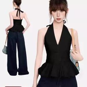 Đen Cổ Chữ v Ren Bud Dây Cổ Không Tay Áo Nữ Mùa Hè Mặc Bên Ngoài Eo Nẹp Lưng Đẹp Hàng Đầu Thái