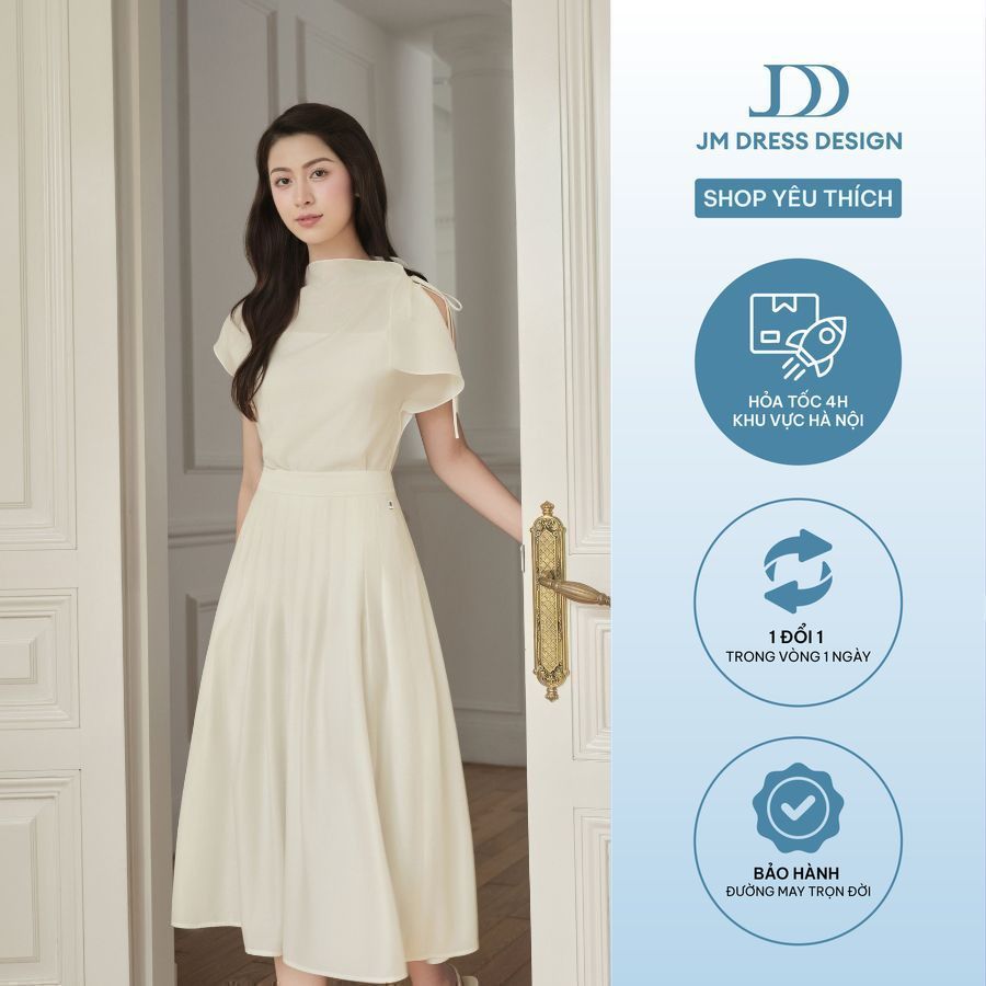 Set áo cổ lệch tay trờm 2T20.2505OG và chân váy xòe chặn ly 4L02.2504OG – Bộ đồ công sở nữ thiết kế tiểu thư thanh lịch