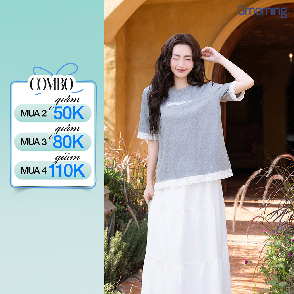 Áo Thun Nữ Gmorning - GUMAC Form Suông Rộng Tay Lửng Phối Ren Nữ Tính YATG04047