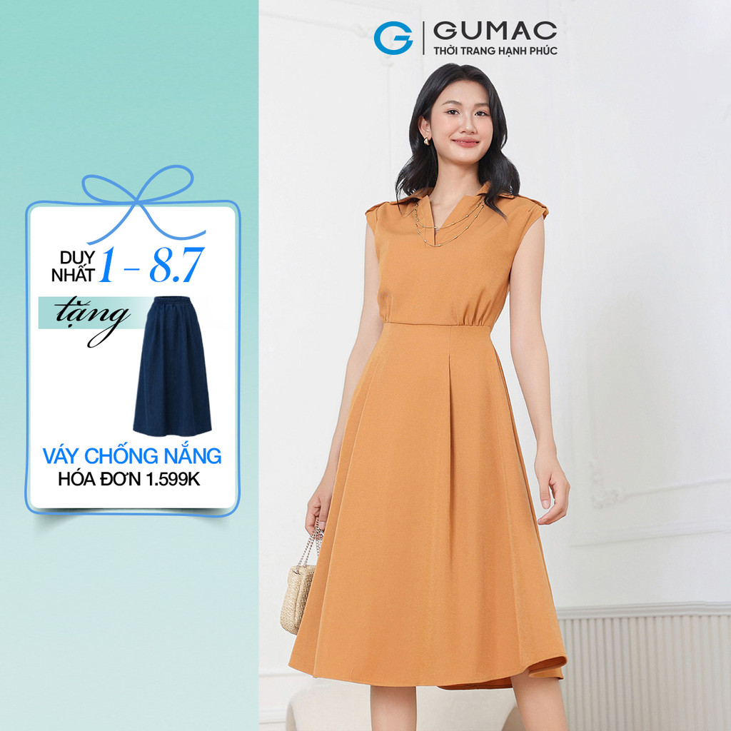 [SALE] Đầm nữ GUMAC form A xòe thiết kế cổ V bẻ đính nút vai eo cao xếp ly trước màu nâu  DF04002