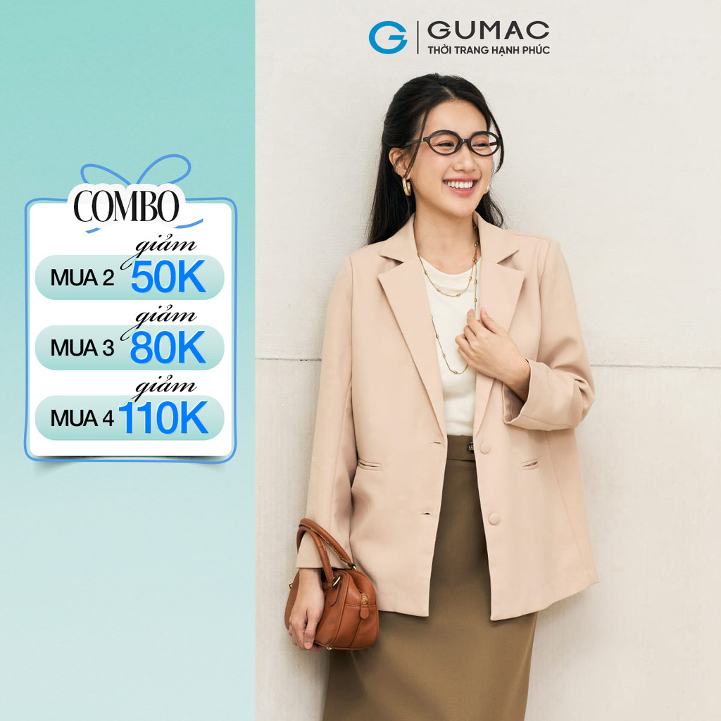 Áo Blazer Nữ GUMAC Dáng Suông Rộng Đính Nút Bọc Cao Cấp LOWF1015