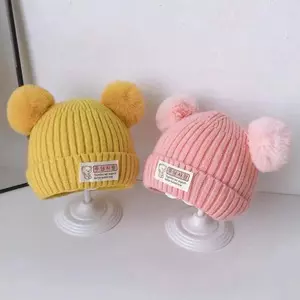 Mũ dệt kim ấm áp cho trẻ em mùa đông có Pompom Mũ beanie dệt kim trẻ em Màu trơn Mũ trẻ em cho bé trai bé gái Phụ kiện VN