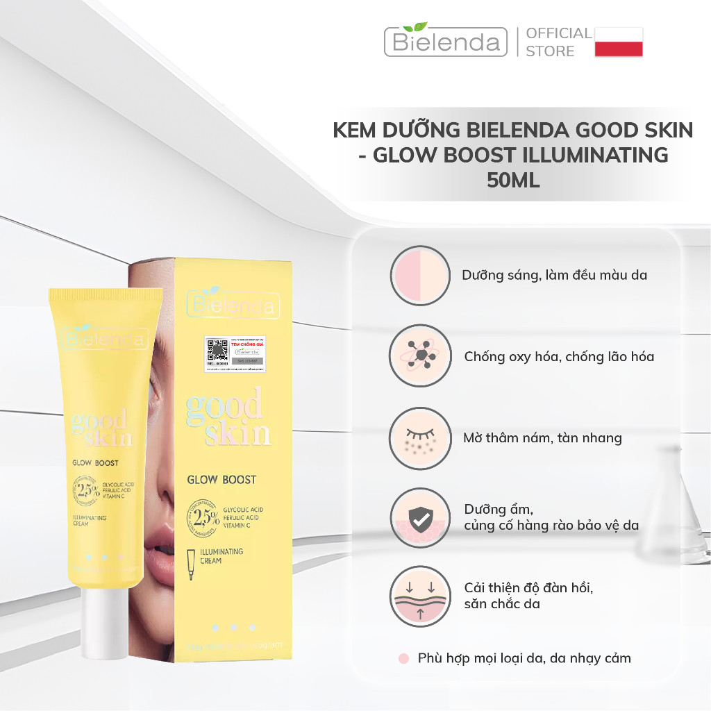 Kem dưỡng Bielenda Good Skin - Glow Boost Illuminating dưỡng trắng, làm mờ thâm nám, tàn nhang 50ml