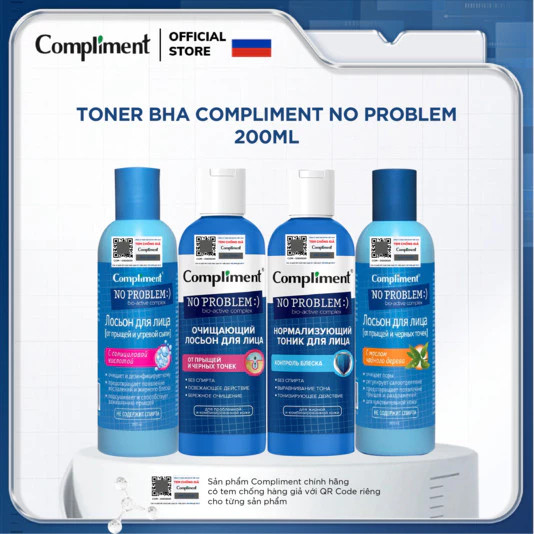 Toner BHA Compliment No Problem làm sạch sâu, giảm mụn, mờ thâm, kiềm dầu 200ml