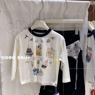 Mùa Xuân Thu Bé Trai Hoạt Hình Miếng Dán In Hình Áo Thun Dài Tay Phong Cách Hàn Quốc Cotton Nguyên Chất Màu Sắc Tương Phản Cổ Tròn Đế Trên